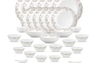 La Opala Opal Glass Crockery | For Family Of 6 | Dinner Set 35 Pcs Spring Meadows | Plates & Bowls For Dining | Microwave Safe | 100% Vegetarian | Extra Strong | Extra Light & White