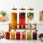 Red-Rubby 3 Tank Glass Beverage Dispenser Set with Wooden Stand | 2L Each Juice Dispenser with Tap & Lid + 6 Color Handle Glass Mugs (240ML) | Premium Drink Server for Lemonade, Parties & Home Use