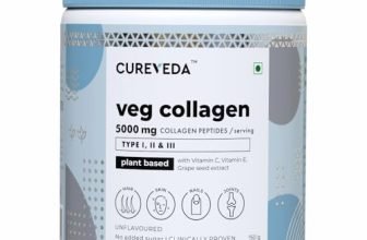 Cureveda Veg Collagen 5000Mg Collagen Peptide With Added Vitamin C & E, Grapeseed Extract For Healthy Skin, Hair & Nails | Men & Women – 150 Gm Powder Unflavoured