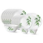 Larah By Borosil Bamboo Leaves Fluted Series Opalware Dinner Set Of 6 Full Plate, 6 Quarter Plates, 6 Veg Bowls, 2 Serving Bowl And 1 Oval Rice Plate | Bone-Ash Free Crockery (White, 21 Pieces)