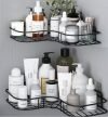 Oslen Pack of 2 No Drill Self Adhesive Bathroom Corner Shelf, Metal Wall Mounted Shower Storage Rack, Bathroom Shelf Organizer, Rust Proof Corner Rack for Bathroom & Kitchen, Black, 8 & 9 Inch