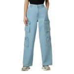Women Blue High Waist Straight Fit Cargo Jeans