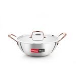 Crystal TriPro -Triply Stainless Steel Extra Deep Kadai with Lid – 26 cm (Induction Bottom), with Rose Gold Handle (CTP-EDK-003A)