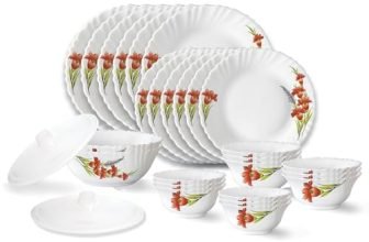 Larah by Borosil Red Iris Fluted Series Opalware Dinner Set | 28 Pieces for Family of 6 | Microwave & Dishwasher Safe | Bone-Ash Free | Crockery Set for Dining & Gifting | Plates & Bowls | White