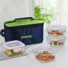 Borosil Alfa Green Borosilicate Glass Lunch Boxes Set of 4 (320 ml Each) with Lunch Bag, Lunchboxes for Office & College, Microwave Safe, Leak Proof