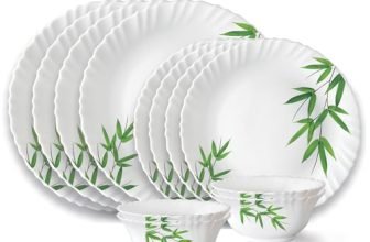 Larah by Borosil Bamboo Leaves Fluted Series Opalware Dinner Set | 12 Pieces for Family of 4 | Microwave & Dishwasher Safe | Bone-Ash Free | Crockery Set for Dining & Gifting | Plates & Bowls | White