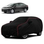 Sulfar 100% Water Resistant Car Body Cover Compatible with Mirror for Honda City i-VTEC (Triple Stitched, Full Bottom Elastic, Black with Red Piping)