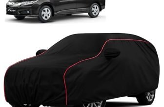 Sulfar 100% Water Resistant Car Body Cover Compatible with Mirror for Honda City i-VTEC (Triple Stitched, Full Bottom Elastic, Black with Red Piping)