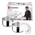 Bergner Tripro Triply 3 Pcs Stainless Steel Cookware Happy Set – Tope with Lid 16cm (1.5L) and Teapan 14cm (1L), Even and Faster Heating, Healthy Cooking, Less Oil Use – Induction and Gas Stove Ready