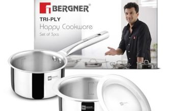 Bergner Tripro Triply 3 Pcs Stainless Steel Cookware Happy Set – Tope with Lid 16cm (1.5L) and Teapan 14cm (1L), Even and Faster Heating, Healthy Cooking, Less Oil Use – Induction and Gas Stove Ready