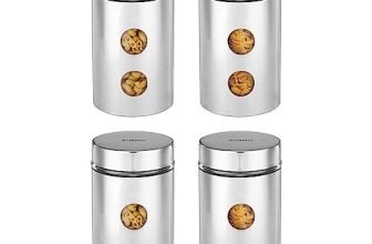 Amazon Brand – Solimo Drip Window Steel Jacketed Glass Jar | Multipurpose Kitchen Organizer With See-Through Window | 1200 Ml Set Of 4 – Silver