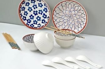 Amazon Brand – Solimo Ceramic Bowl with Plate & Spoon & Chopstick Set, Set of 14 pcs set (Bowl H 4B+4S+4C+2P) | Microwave & Dishwasher Safe| Bowls for Snacks, Fruits, Salad, Desserts | BPA & Lead-Free Bowls | 350ML, Burnt Sienna