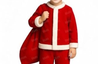 DECORBERRY Santa Claus Dress For Kids 7-10 Years Boy Girl 4Pc Set with Shirt Pant Hat Goodie Bag Warm Fleece Christmas Fancy Dress Costume School Play Xmas Gift Red Outfit Suit Prop