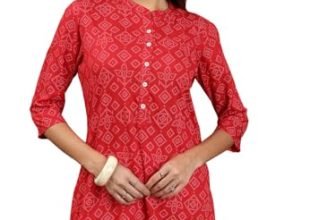 Vishudh Women Mandarin Collar 3/4 Sleeve Tunic Vntn000592 Red M