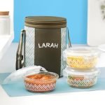 Larah Glassware Gracia Borosilicate Glass Lunchbox With Bag | 3Pc Round Container Set (400 Ml Each) | Microwave & Dishwasher Safe, Leakproof | Tiffin For Office, School, College | Green