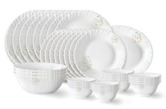 Larah by Borosil Ingot Fluted Series Opalware Dinner Set | 36 Pieces for Family of 8 | Microwave & Dishwasher Safe | Bone-Ash Free | Crockery Set for Dining & Gifting | Plates & Bowls | White