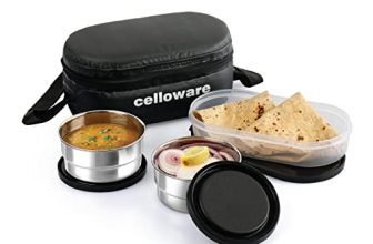 CELLO Double Treat Set of 3 Pcs Lunch Box for Office Use with Jacket Black | 2 x300ml Stainless Steel Containers, 1 x Oval Container| Lightweight Leakproof Airtight Tiffin Box Case For School & Travel