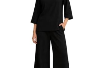 NIVABRITY Women’s Co Ord Set for Women – Relaxed Fit Collared Top with 3/4 Sleeves & Wide Leg Palazzo Pants, Casual Lounge Wear Matching Outfit for Daily Wear, Travel & Office (Women, Black, S)