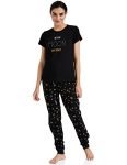 Amazon Brand – Symbol Women’S Cotton T-Shirt And Jogger Night Suit | Two Piece Set| Regular Fit (Available In Plus Sizes) (Slo-02 Cont_Moon Black_Xl)