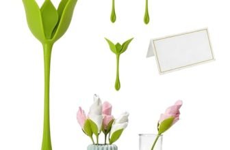 Green Flower Napkin Holders Set Of 4 For Dining Table, Rose Bud Serviette Rings With Reusable Plastic Stem Design, Decorative Table Accessories For Wedding Party Bbq Dinner