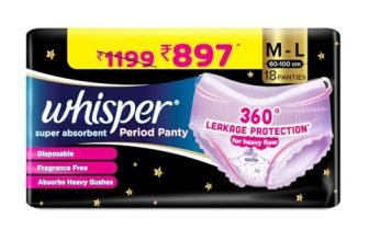 Whisper Super Absorbent Period Panty, 18 M-L Pants, 360 Degree Leakage Protection* For Heavy Flow, Panty Like Fit, Full Back Coverage, Absorbs Heavy Gushes, Silky Soft, Comfortable Feel
