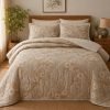 Linen and Loom 100% Cotton Quilted Comforter Set with 2 Matching Pillow Covers | Floral Print, Lightweight Breathable Bedding for Mild Winters | 90″ x 100″, Beige