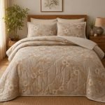 Linen and Loom 100% Cotton Quilted Comforter Set with 2 Matching Pillow Covers | Floral Print, Lightweight Breathable Bedding for Mild Winters | 90″ x 100″, Beige