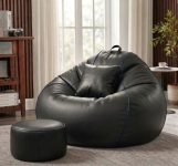 Sattva Piping 3XL Sofa Style Bean Bag Chair with Beans Filled | Faux Leather Bin Bags Sofa Combo with Footstool & Cushion | Large Beanbags for Adults, Teens & Home – Black with Royal Blue Piping