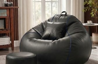 Sattva Piping 3XL Sofa Style Bean Bag Chair with Beans Filled | Faux Leather Bin Bags Sofa Combo with Footstool & Cushion | Large Beanbags for Adults, Teens & Home – Black with Royal Blue Piping
