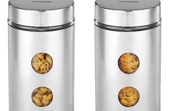 Amazon Brand – Solimo Drip Window Steel Jacketed Glass Jars | Set of 2 | Multipurpose Kitchen Organizer with See-Through Window | 1200 ml | Silver