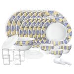 Larah By Borosil Silk Series Kora Opalware Dinner Set With Vision Glass | 40 Pcs For Family Of 6 | Microwave & Dishwasher Safe | Plates & Bowls | Crockery For Dining & Gifting | Leaf Pattern