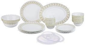 Larah By Borosil Ora Gold Fluted Series Opalware Dinner Set | 36 Pieces For Family Of 8 | Microwave & Dishwasher Safe | Bone-Ash Free | Crockery Set For Dining & Gifting | Plates & Bowls | White