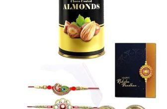 DeoDap Raksha Bandhan Gift Combo – Set of 2 Rakhis (1 Round Shape & 1 Mayur Design) with Almond Chocolate (96g), Silver Colour Coin & Greeting Card