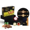DeoDap Chocolate with Rakhi Set for Brother – Lord Ganpati & Peacock Design Rakhi Set of 2 with Choco Coated Almonds (32 GM), Silver Colour Pooja Coin & Greeting Card, Raksha Bandhan Combo for Bhai