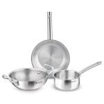 Bergner TriPro 3 Pcs Tri-Ply Stainless Steel Induction Bottom Cookware Set – 22cm (2L) Kadai and 22cm (1L) Frypan, 14cm (1.1L) Teapan, Less Oil Use, Easy to Clean – Induction and Gas Stove Ready