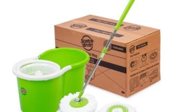 Scotch-Brite Twin Bucket Spin Mop With Easy Wring & Rinse System, 360° Adjustable Handle, High Absorbency Microfiber For Deep Cleaning On All Floor Types, 1 Extra Refill (Green)