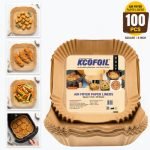 Kcofoil Air Fryer Paper Liners 8×8 Inch | 100 Pcs | Oil Proof Non-Stick Sheets Parchment Paper(Pack Of 100, 100 M)