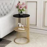 Furniture Café Modern Round Side Table with White Marble Top & Golden Metal Frame – End Table with Storage Shelf for Living Room & Bedroom