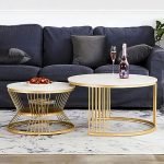 Furniture Cafe Round Nesting Coffee Table Set of 2 with White Marble Look Top & Gold Metal Base | Modern Center Tables for Living Room, Bedroom, Balcony & Apartment