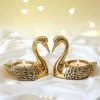 Behoma Aluminium Pair of Swans Tea Light Candle Holder with 2 T-Light Candles for Home Décor Living Room | Decorative Romantic Swan Couple Showpiece for Table Décor | Anniversary Wedding Gift | Golden