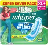Whisper Ultra Upto No Gap No Leaks* Sanitary Pads, 50 XL+ Pads, For Heavy Flow Protection, With CURVEWEAR Technology, Cotton Like Softness, Disposable Wrapper, Locks Odour & Wetness (*Based on P&G Technical Data) (Product Does Not Contain Cotton)