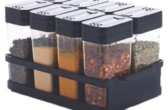 BRAMANI E COMMERCE Kitchen 8‑Pcs Airtight Rasoi Box Set – Black Plastic Spice Storage Jars, Masala Box, Spice Container & Easy‑Flow Tray Premium Durable for Organized Kitchen Spice Management