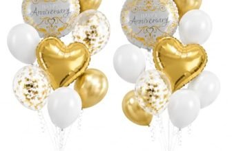 AMFIN (Pack of 20) 17 Inch Love Wedding Theme Anniversary Balloon Bouquet Gold Rose Chrome Metallic Finish Foil Latex Confetti Women Men Decoration Item Kit Cake Heart