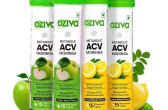 OZiva ACV Moringa (Green Apple – Lemon Masala) To Control Cravings, No Maltodextrin(4 x 15 Tablets)