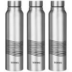 Amazon Brand – Solimo Stainless Steel Bottles (Set of 3) | 970ml Each | 100% Food-Grade | BPA-Free Cap | | Leak & Spill Proof | Ergonomic Grip | For Home & Office Use (Stainless Steel Finish)