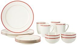 Amazon Brand – Solimo Ceramic 16 Piece Solid Dinner Set | 4 Dinner Plates, 4 Quarter Plates, 4 Mugs & 4 Small Bowls | Red Strip Design