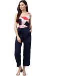 Zima Leto Women’s Geometric Print Sleeveless Jumpsuit – Navy Blue Tie-Waist Casual One-Piece for Office & Outings