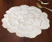 MVNK Group White Flower PVC Placemat for Center Table, Pearl White & Gold