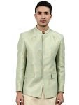 MANQ Men’s Slim Fit Bandhgala Blazer, Self Design, Fawn, Mandarin Collar, Single Breasted Ethnic Jacket for Wedding, Party & Formal Wear Green 34
