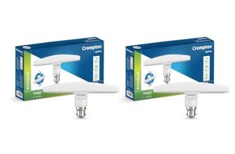 Crompton Twist T-Bulb 10W LED B22 | Rotating Head, Pack of 2 | 180°rotating head; 70° swivel; lights corners effectively; high-voltage protection; wider spread than fixed bulbs; cool light